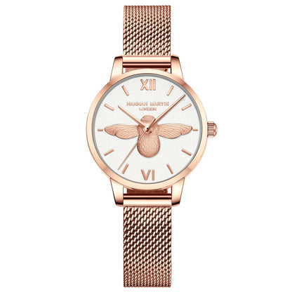 HANNAH MARTIN relojes para Mujer 3D Little Bee Dial movimiento de cuarzo japonés correa de malla de moda Reloj de Mujer pulsera Reloj de Mujer