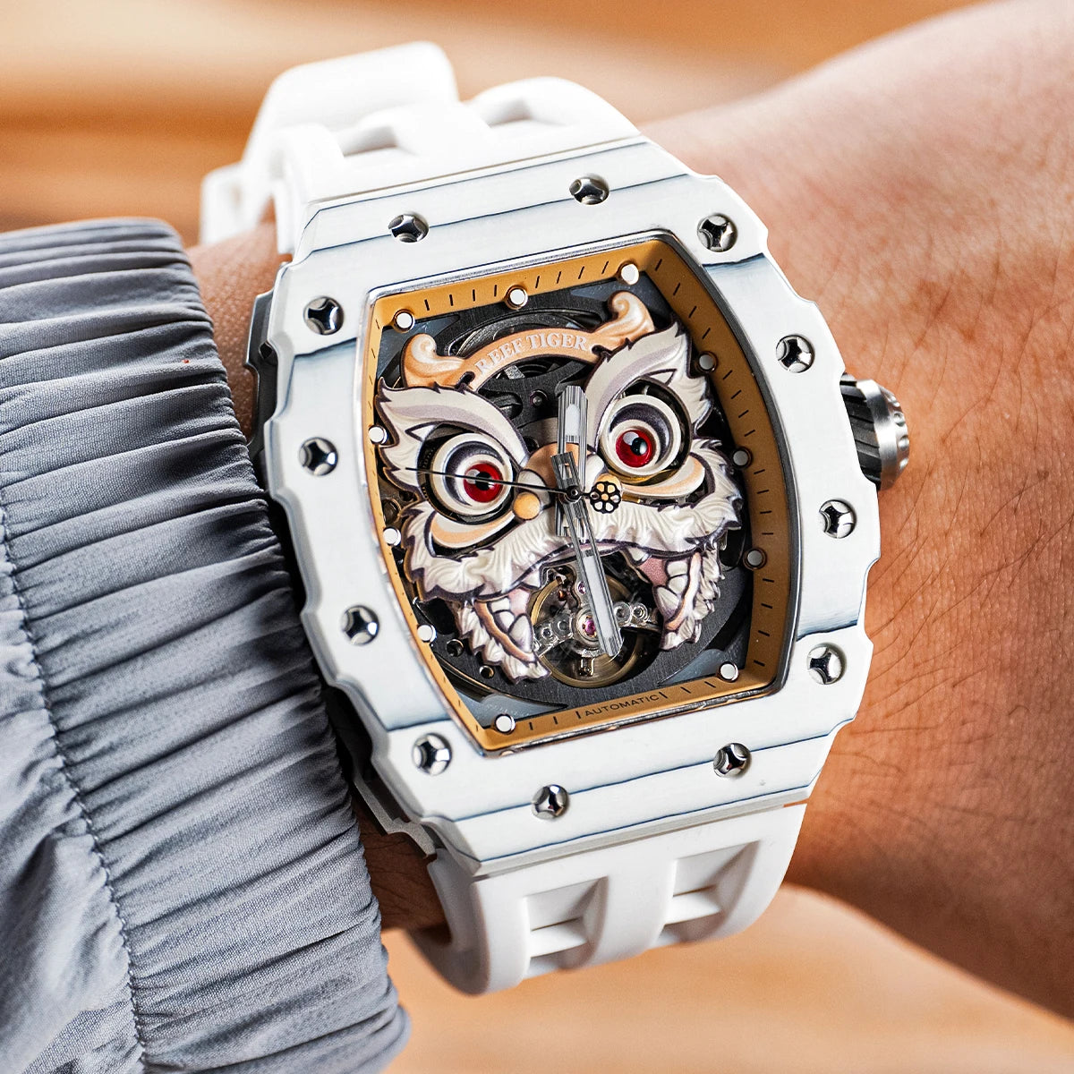 REEF TIGER Lion Dance reloj automático con correa de silicona blanca para hombres relojes mecánicos impermeables súper luminosos Rejos RGA3009-L