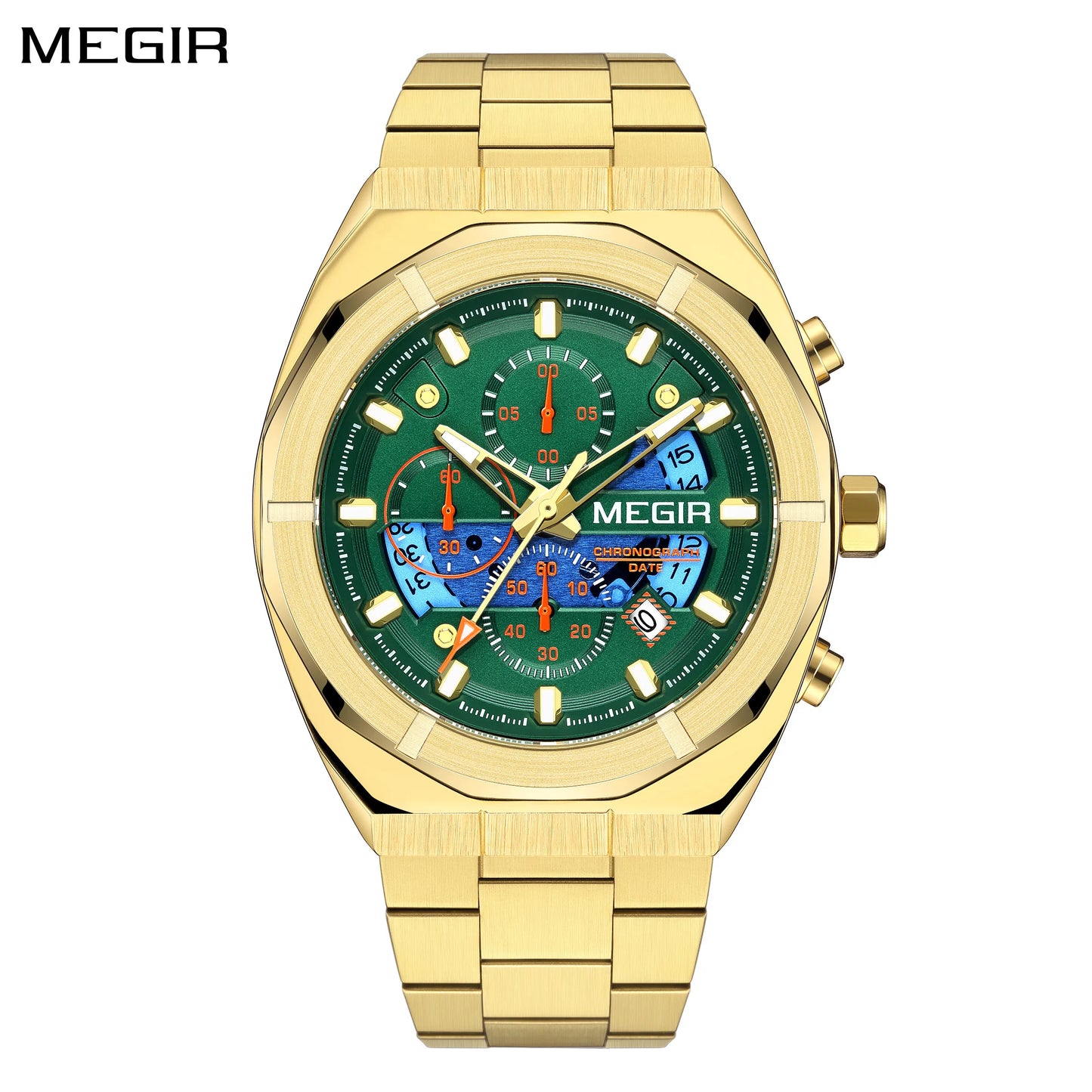 Reloj MEGIR de cuarzo de marca de lujo con cronógrafo para Hombre, Reloj de pulsera con correa de acero inoxidable resistente al agua y fecha, Reloj de pulsera para Hombre