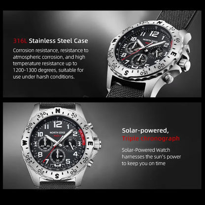 NORTH EDGE 2024 MACH 2 relojes para hombre con energía Solar 316 caja de acero inoxidable reloj de cuarzo para hombre piloto resistente al agua cronómetro de 50M