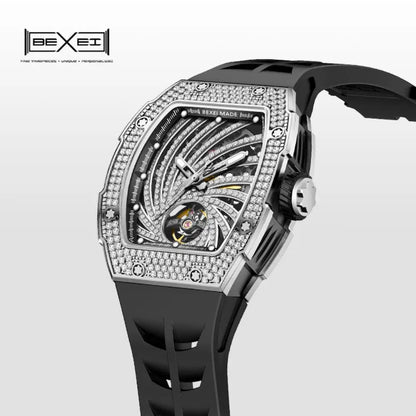 BEXEI 9165 Inlaid zircon Automatic Mechanical watches for men Luxury 80 Hours Power Barrel shaped Sapphire Luminous waterproof