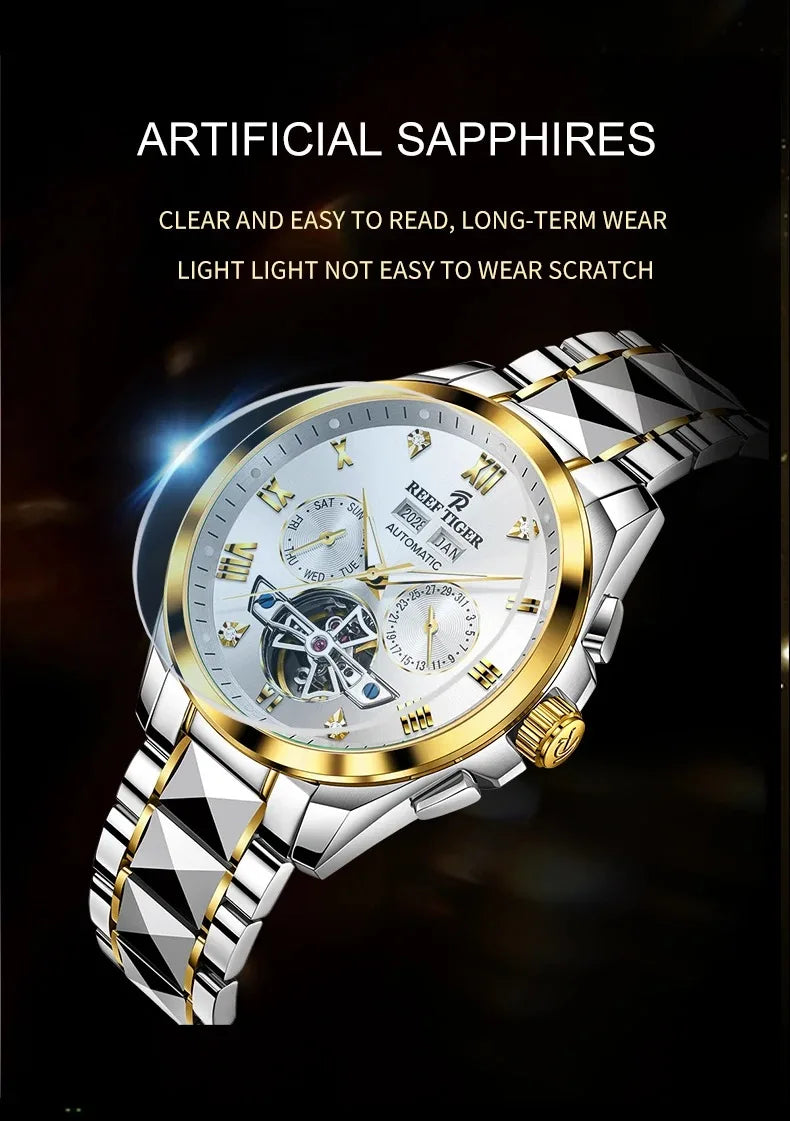 Reef Tiger Reloj automático para hombre Reloj de pulsera mecánico de lujo 100 M Correa de acero luminosa resistente al agua Esfera múltiple Año, Mes, Semana, Fecha