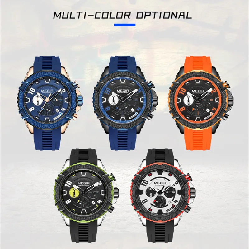 Relojes de pulsera deportivos militares de moda con cronógrafo MEGIR, relojes de cuarzo de Esfera Grande para hombres, regalo, correa de silicona, reloj con fecha automática