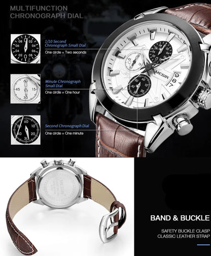 Relojes MEGIR masculinos de lujo a la moda para hombre, relojes deportivos resistentes al agua con cronógrafo de cuarzo, reloj de pulsera informal de cuero para hombre