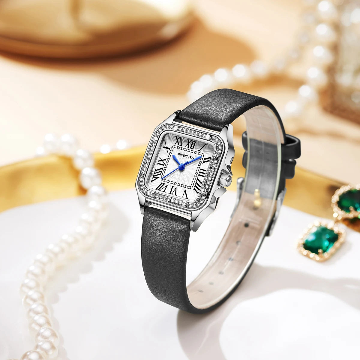 Fashion REBIRTH Top Brand Simple And Leisure Women's Quartz Leather Adhesive Tape Exquisite Diamond Gift Watches