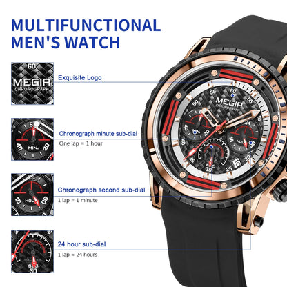 Relojes deportivos MEGIR de lujo para hombre, correa de silicona, reloj cronógrafo militar de cuarzo resistente al agua, relojes de pulsera para hombre con fecha automática