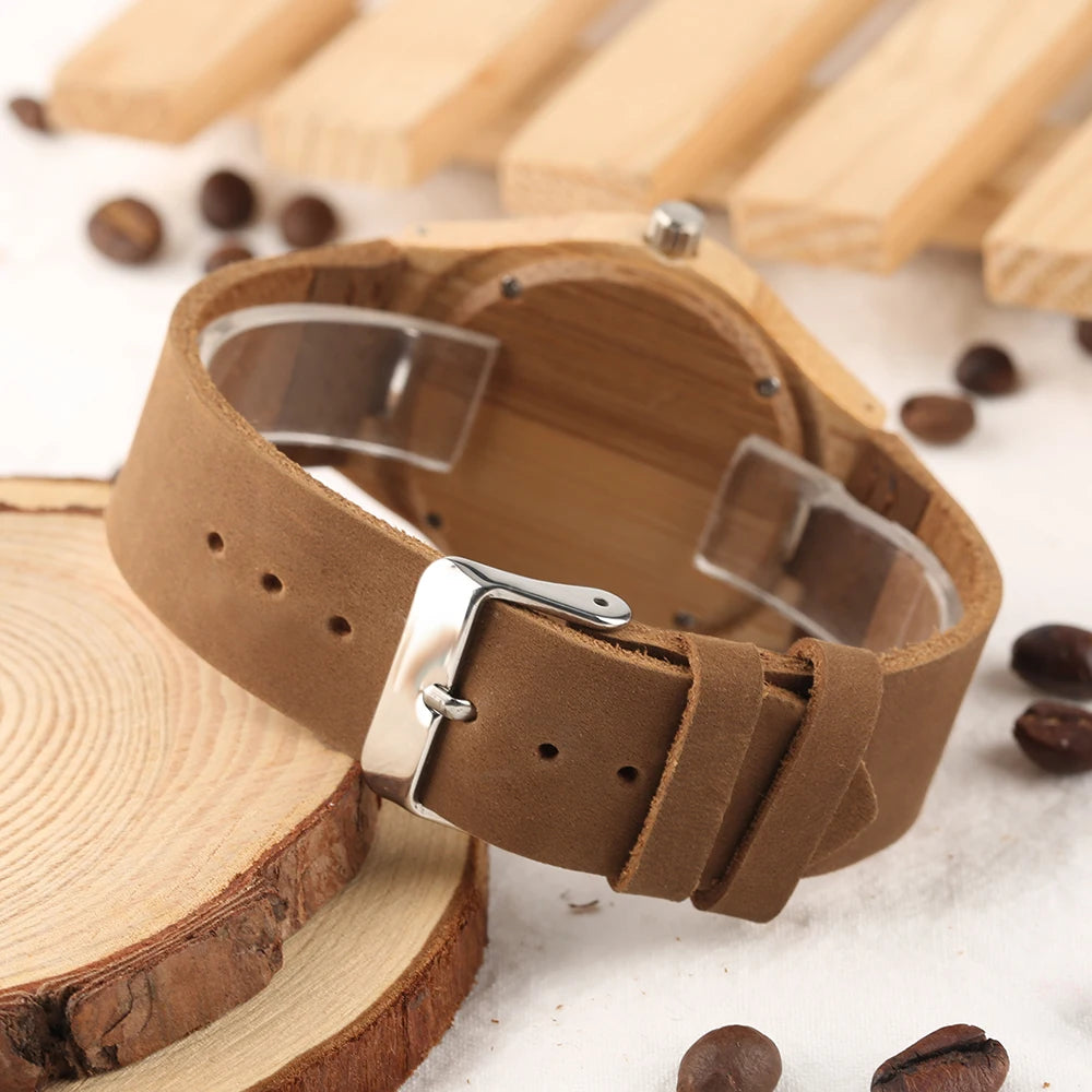 Reloj de pulsera de cuarzo para mujer con esfera marrón café de moda de madera de bambú correa de reloj de cuero genuino reloj de pulsera de madera de estilo Natural para mujer