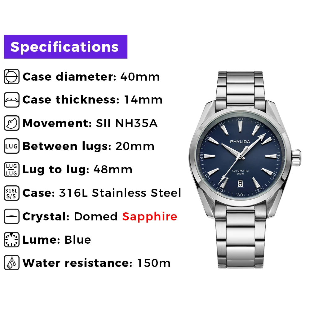 PHYLIDA New Aqua 150m Automatic Watch Sapphire Crystal NH35A Mechanical Wristwatch 100WR Diver Watches for Men Sun-brushed Dial