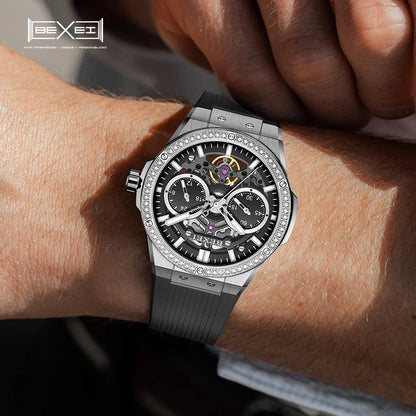 BEXEI 9129 relojes para hombre, relojes mecánicos con movimiento automático, 60 incrustaciones de circonio, espejo de zafiro sintético luminoso, resistente al agua