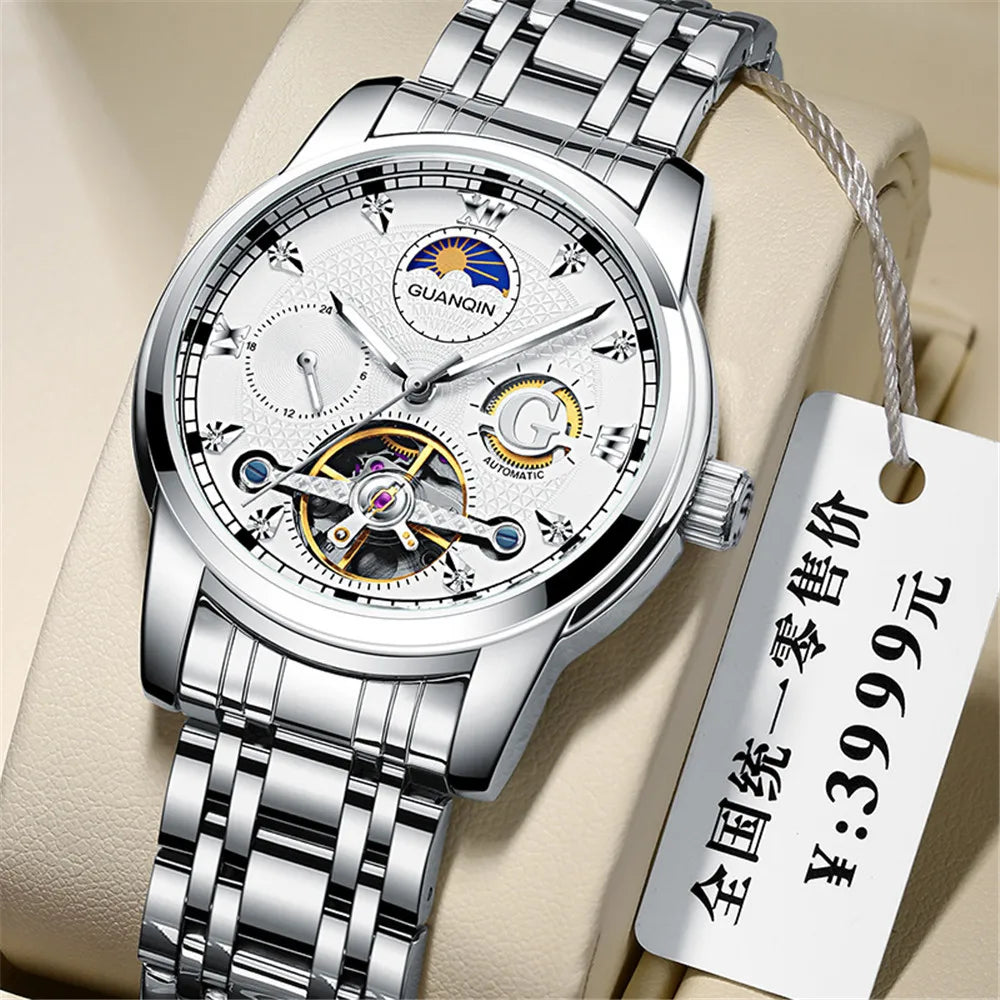 GUANQIN Mechanical Tourbillon Automatic Men Wrist Watch Waterproof Stainless Steel Man Wristwatch Sapphire Moon Phase Clock