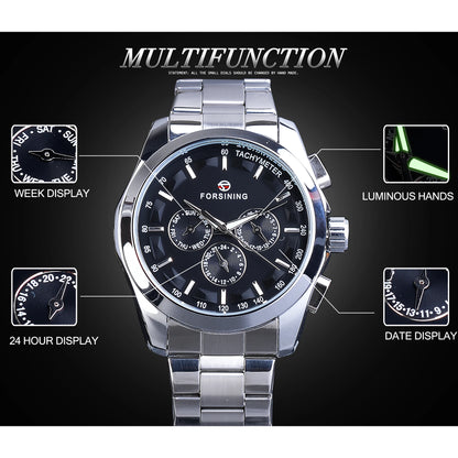 Forsining Top Brand Style Automatic Full Stainless SteelWatch Men Mechanical Business Wristwatch With Calendar Luminou Pointers