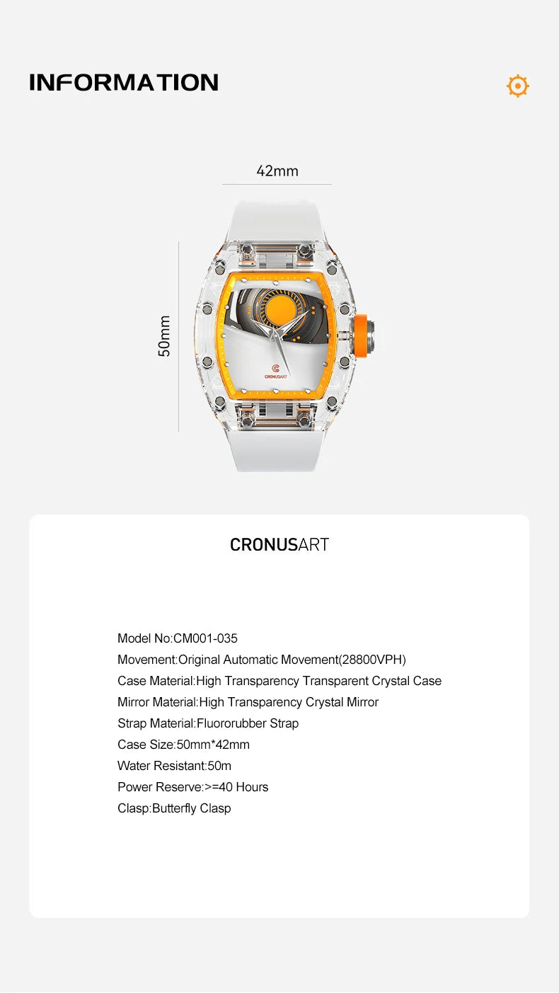 CRONUSART Men Automatic Watch 50mm Luxury Tonneau Mechanical Wristwatch High Transparency Acrylic Case Fluororubber Strap