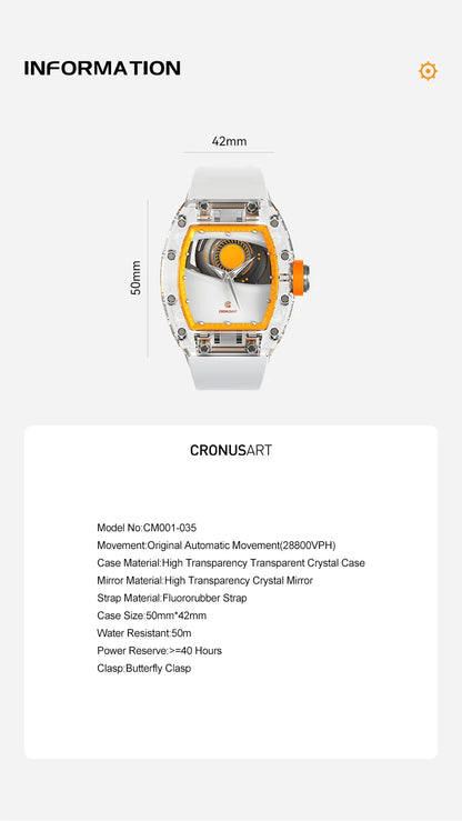 CRONUSART Men Automatic Watch 50mm Luxury Tonneau Mechanical Wristwatch High Transparency Acrylic Case Fluororubber Strap