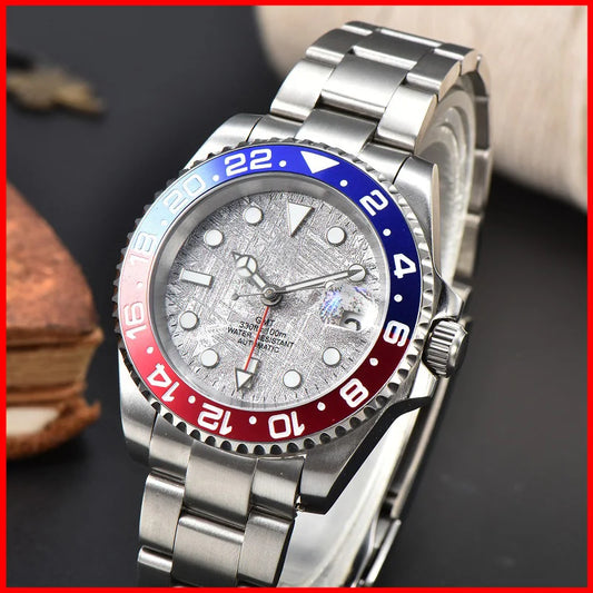 Multiple Time Zone 40mm Watch For Men Custom S Logo NH34 Movement Blue BGW9 Luminous Waterproof Automatic Meteorite Wristwatches