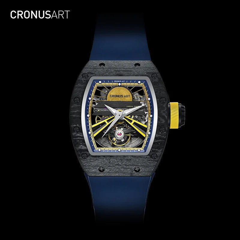 CRONUSART Men Automatic Watch Luxury Tonneau Mechanical Wristwatch NTPT Carbon Fibre Case Luminous Fluororubber Strap Skeleton