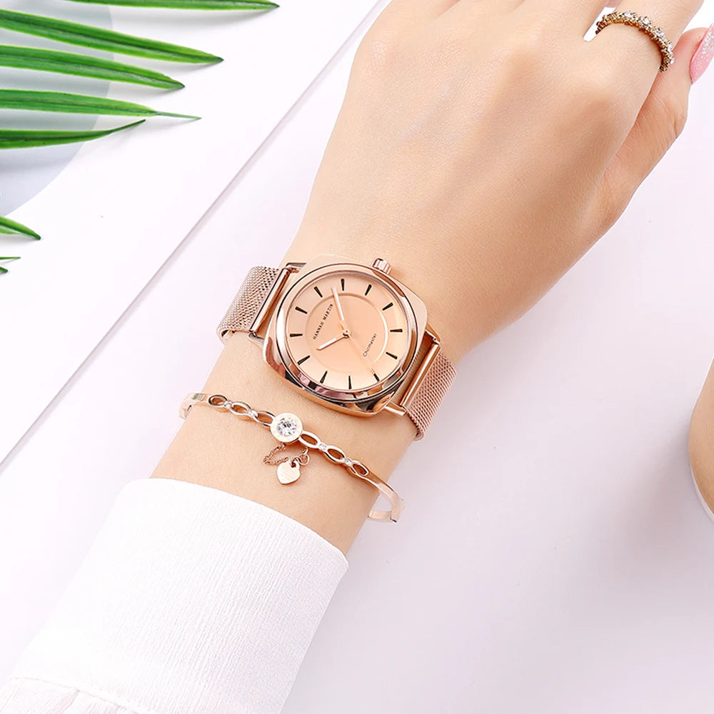 HANNAH MARTIN Reloj de Mujer de 36MM, relojes de cuarzo cuadrados de lujo a la moda, Reloj con correa de acero inoxidable de oro rosa para Mujer, Reloj para Mujer