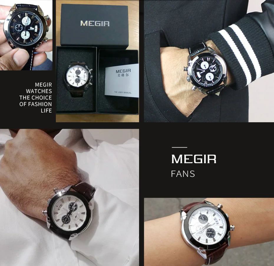 Relojes MEGIR masculinos de lujo a la moda para hombre, relojes deportivos resistentes al agua con cronógrafo de cuarzo, reloj de pulsera informal de cuero para hombre