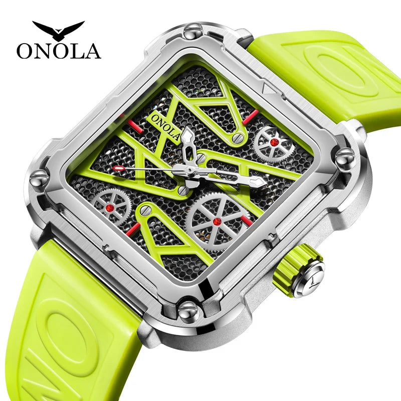 Reloj de moda para hombre ONOLA, relojes de lujo completamente automáticos huecos, reloj de pulsera resistente al agua con cinta de silicona para hombre