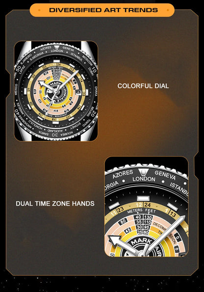 Mark Fairwhale Reloj para hombre Reloj de pulsera de cuarzo de 43 mm Zona horaria dual Correa de caucho con esfera colorida