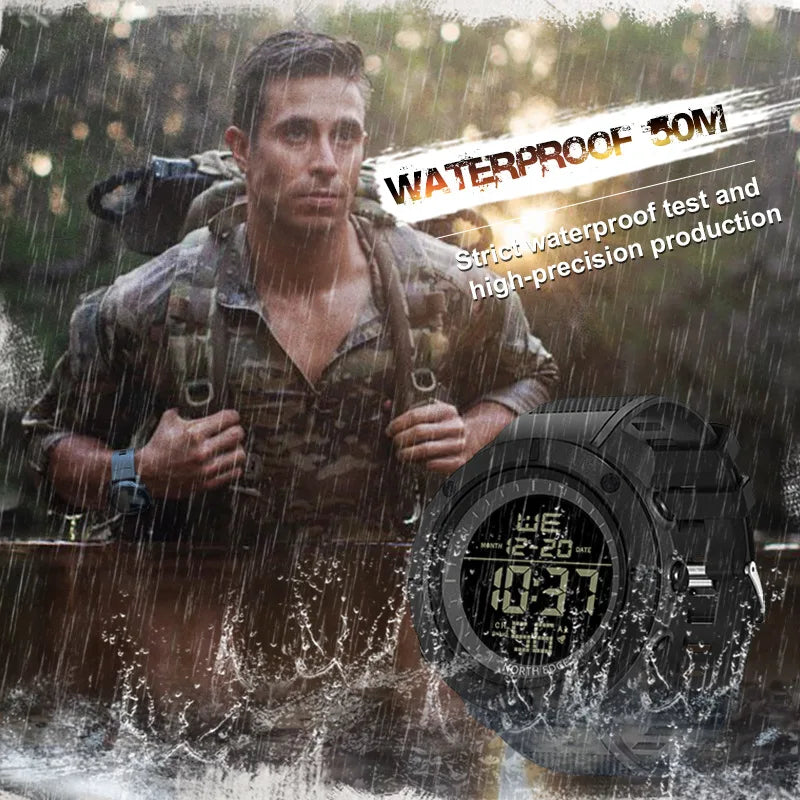 NORTH EDGE Reloj para exteriores para Hombre, Reloj despertador, informe de hora, retroiluminación, resistente al agua, banda de silicona de 50M, Reloj para Hombre