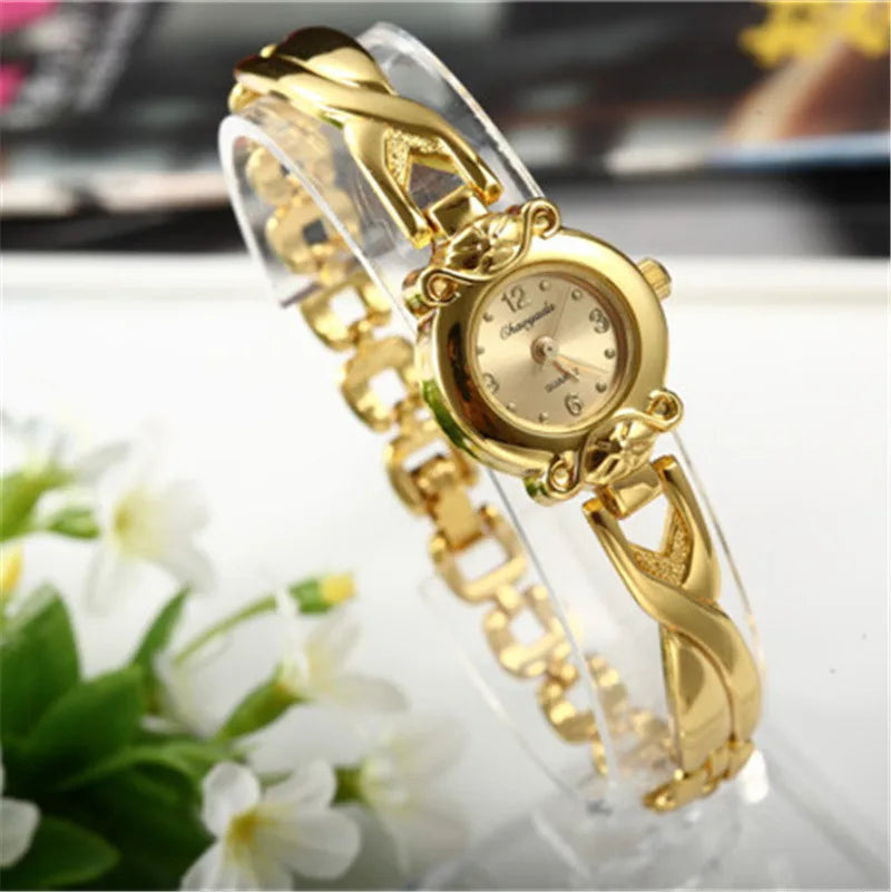 Reloj de pulsera dorado para mujer, esfera pequeña, reloj de pulsera de lujo para mujer, reloj de cuarzo elegante de acero para mujer, regalo de moda, reloj para mujer