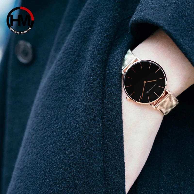 Reloj HANNAH MARTIN para Mujer, movimiento de cuarzo japonés, 36mm, oro rosa, resistente al agua, moda nórdica minimalista, Reloj para Mujer