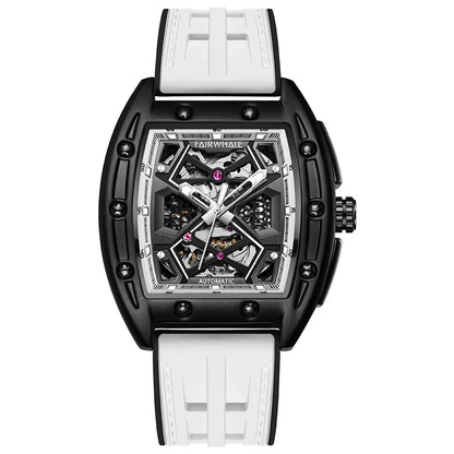 Mark Fairwhale Men Automatic Watch 42mm Fashion Tonneau Case Mechanical Wristwatch Skeleton Waterproof Luminous Black Case