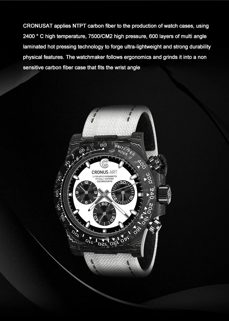 CRONUSART Men Chronograph Watch 40mm Luxury Automatic Mechanical Wristwatch NTPT Carbon Fibre Case Luminous Triple Windows