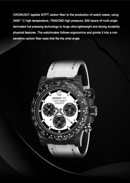 CRONUSART Men Chronograph Watch 40mm Luxury Automatic Mechanical Wristwatch NTPT Carbon Fibre Case Luminous Triple Windows