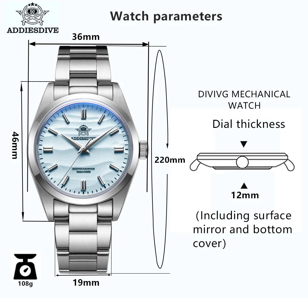 Reloj ADDIESDIVE para hombre, esfera de arena, reloj de cuarzo de 36mm, resistente al agua 100m, reloj de pulsera de cristal con cúpula recubierta de AR de acero inoxidable 316L para hombre