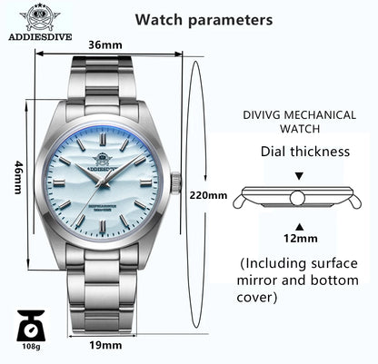 Reloj ADDIESDIVE para hombre, esfera de arena, reloj de cuarzo de 36mm, resistente al agua 100m, reloj de pulsera de cristal con cúpula recubierta de AR de acero inoxidable 316L para hombre