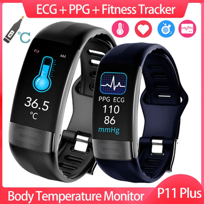 P11 Plus スマートウォッチ メンズ フィットネスブレスレット スマートバンド ECG PPG SpO2 レディース スマートウォッチ 体温 血圧 P11 リストバンド