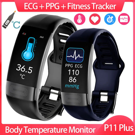 P11 Plus スマートウォッチ メンズ フィットネスブレスレット スマートバンド ECG PPG SpO2 レディース スマートウォッチ 体温 血圧 P11 リストバンド