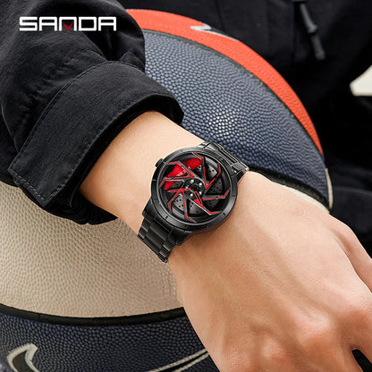 Sanda P1088 Hot Sell Stainless Steel Band Watch Premium Quartz Movement Car Rim Wheel Shaped Rotating Dial Relogio Masculino