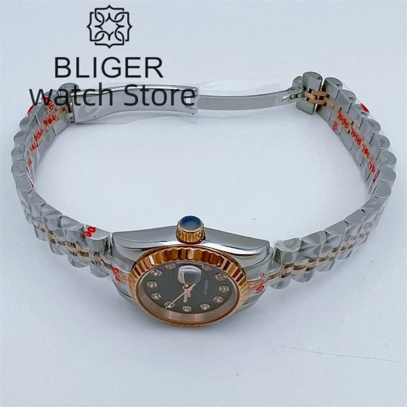 BLIGER New 26mm Women's Silver Rose Gold Classic Mechanical Watch NH05 Movement Gray Dial Sapphire Glass Women's Elegant Watch