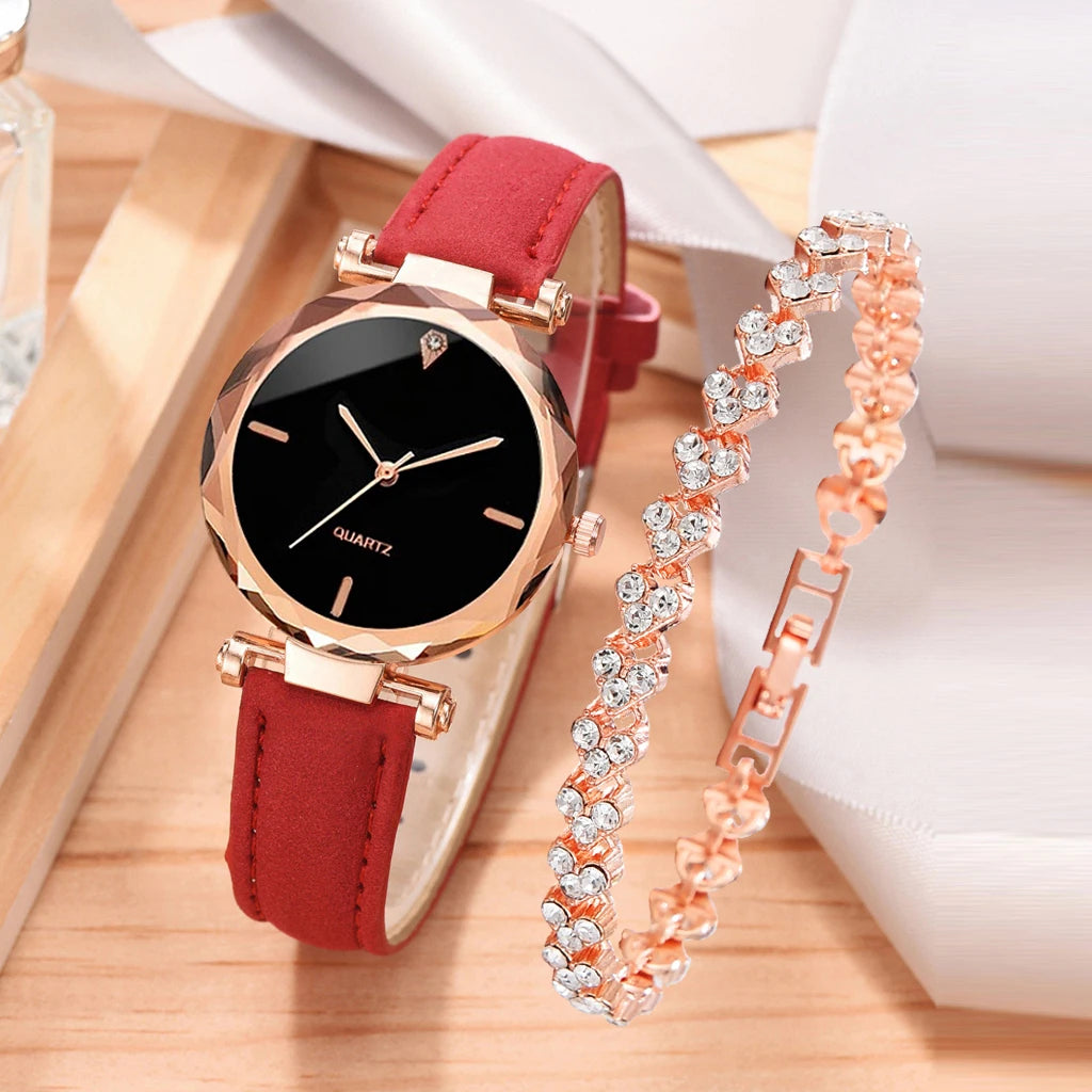 Conjunto de reloj de lujo para mujer, 2 uds., correa de cuero PU, reloj de pulsera de cuarzo para mujer, pulsera de aleación de oro rosa con diamantes de imitación para regalo de mujer