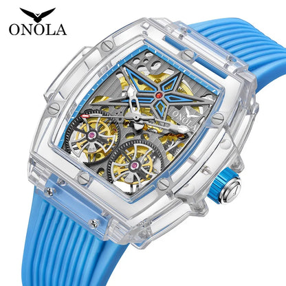 Relojes para hombre ONOLA, reloj mecánico completamente automático hueco de plástico transparente a la moda de lujo para hombre, reloj resistente al agua