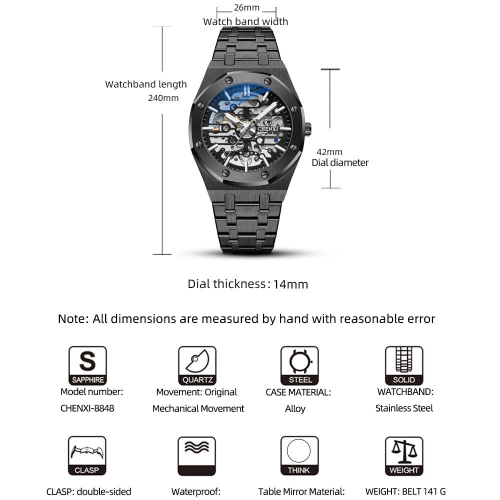 CHENXI 自動巻き メンズ腕時計 トップブランド 機械式トゥールビヨン 腕時計 防水 ビジネス ステンレススチール スポーツ メンズ腕時計