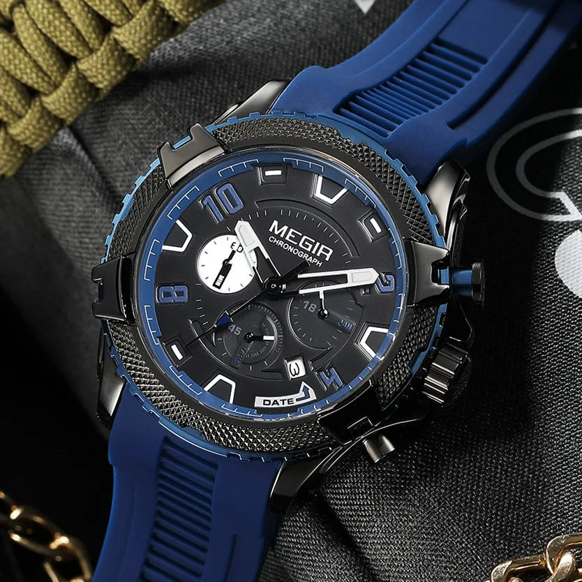 Relojes de pulsera deportivos militares de moda con cronógrafo MEGIR, relojes de cuarzo de Esfera Grande para hombres, regalo, correa de silicona, reloj con fecha automática