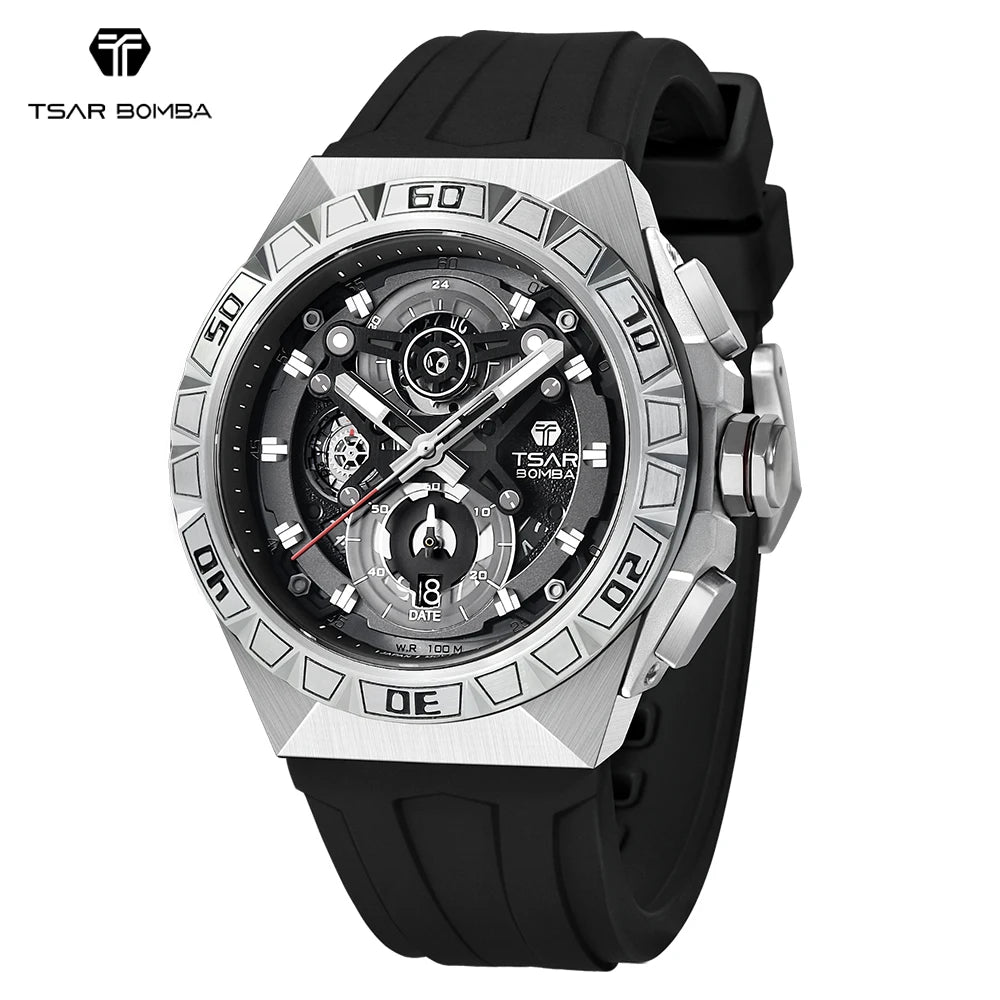 Reloj de lujo TSAR BOMBA para hombre, reloj de pulsera grande de cuarzo, reloj de marca superior, correa de goma, cronógrafo de zafiro, relojes impermeables para hombre