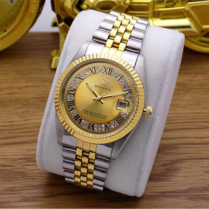 Fashion Top Brand Reginald Brand Quality Full Stainless Steel Golden Calendar Business Mens watch