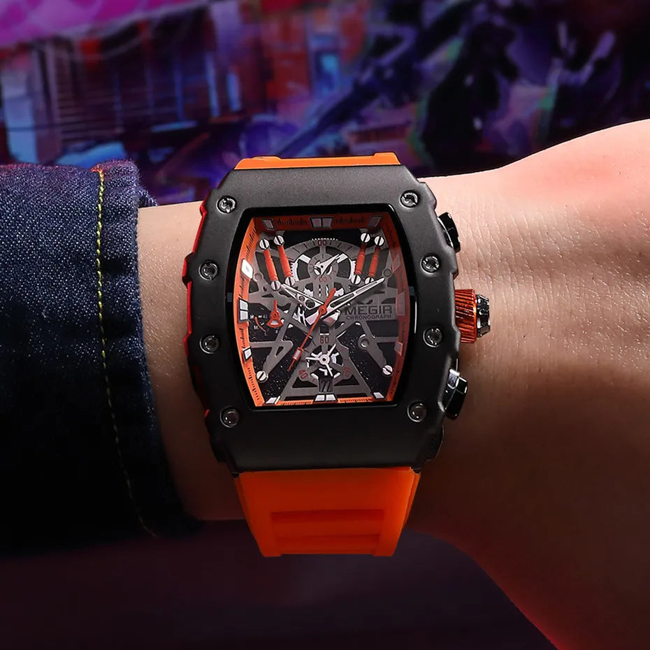 Relojes MEGIR con correa de silicona a la moda para hombre, reloj de pulsera deportivo con manecillas luminosas y esfera grande, reloj de pulsera de cuarzo con fecha, cronógrafo, Montre Homme