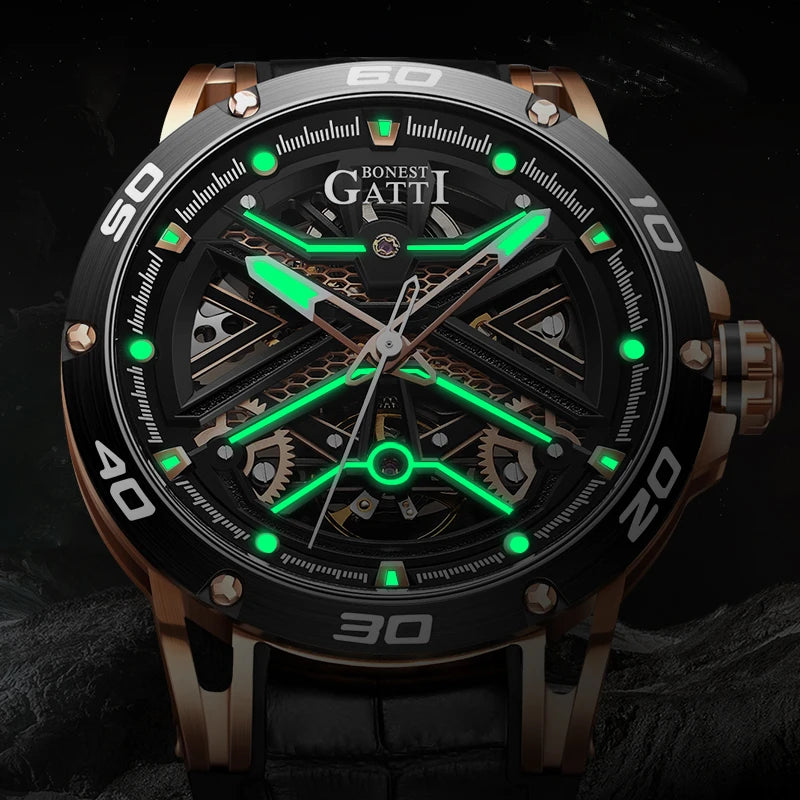 BONEST GATTI Men Automatic Watch Luxury Watches Fashion Mechanical Wristwatch 50M Waterproof Sapphire Luminous Skeleton 3D Dial