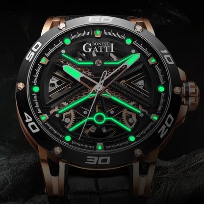 BONEST GATTI Men Automatic Watch Luxury Watches Fashion Mechanical Wristwatch 50M Waterproof Sapphire Luminous Skeleton 3D Dial