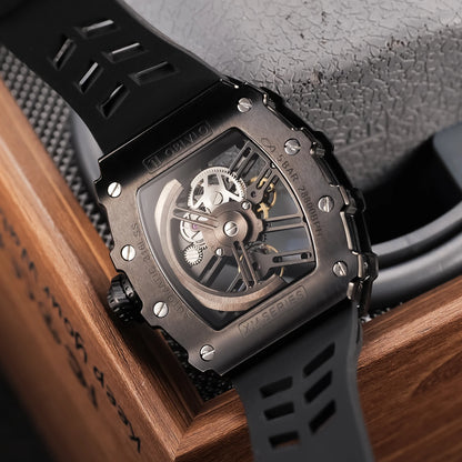 Reloj mecánico automático ahuecado Starship para hombre de marca OBLVLO, caja Tonneau negra completa, relojes de pulsera con correa de goma para hombres EM-S