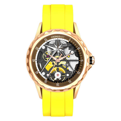 CRONUSART Men Automatic Watch 41mm Luxury Chronograph Mechanical Wristwatch Skeleton Luminous Fluororubber Strap Hollow Out Dial