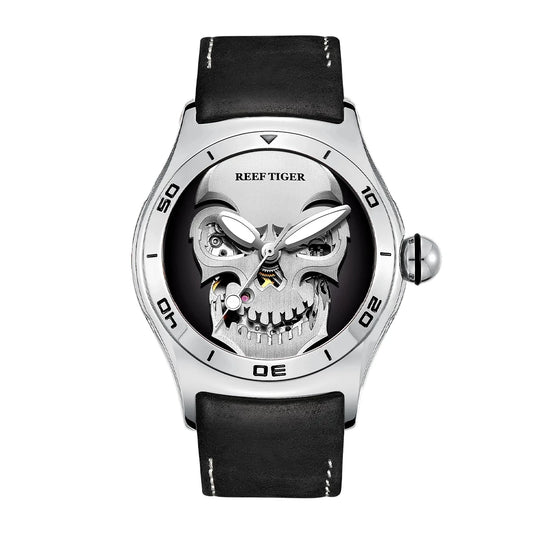 Reef Tiger Mens Automatic Watches Male Luxury Mechanical Wristwatch Bubble Sapphire Skeleton Skull Dial Leather Strap RGA70S7