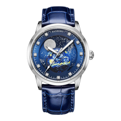 HANBORO Men Automatic Watch Luxury Moon Phase Watches Business Mechanical Wristwatches 50M Waterproof Luminous Sapphire Mirror