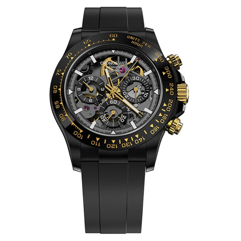 CRONUSART Men Automatic Watch 40mm Luxury Chronograph Mechanical Wristwatch NTPT Skeleton Dial Luminous Fluororubber Strap