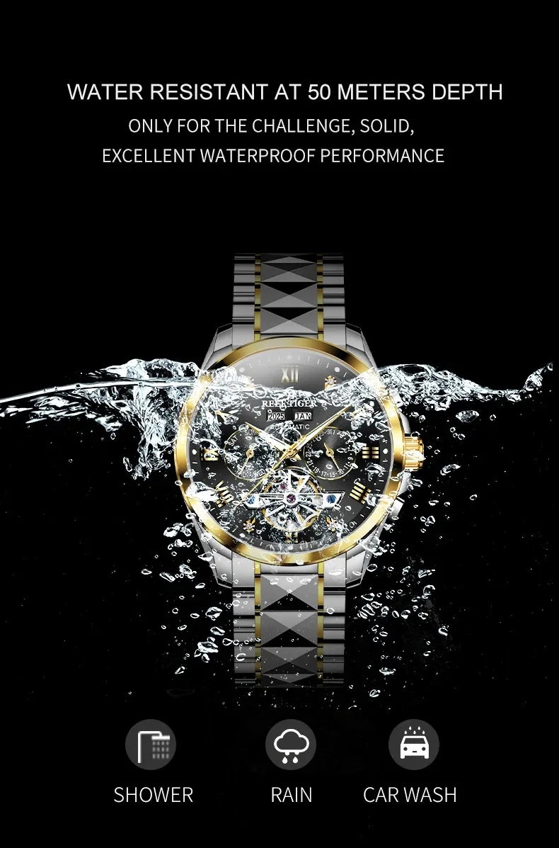 Reef Tiger Reloj automático para hombre Reloj de pulsera mecánico de lujo 100 M Correa de acero luminosa resistente al agua Esfera múltiple Año, Mes, Semana, Fecha